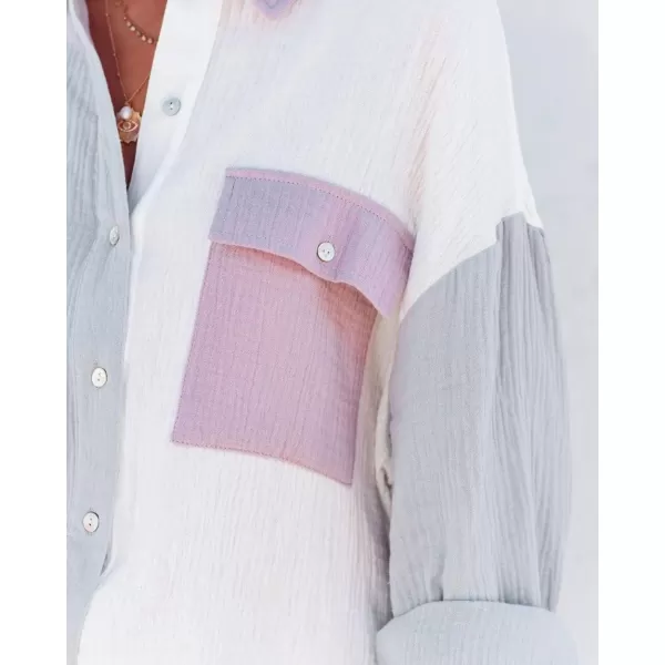CHARTOU Women's Oversized Color Block Button Down Shirt Drop Long Sleeve Shirt Blouse
