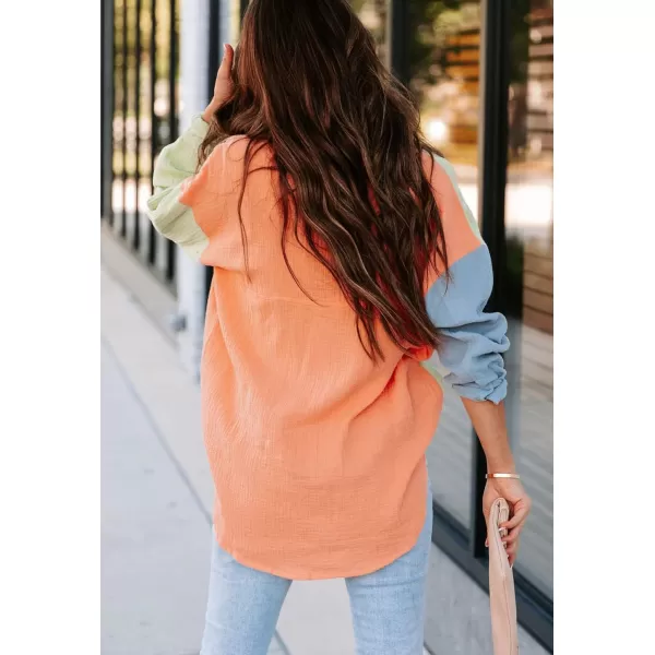 CHARTOU Women's Oversized Color Block Button Down Shirt Drop Long Sleeve Shirt Blouse
