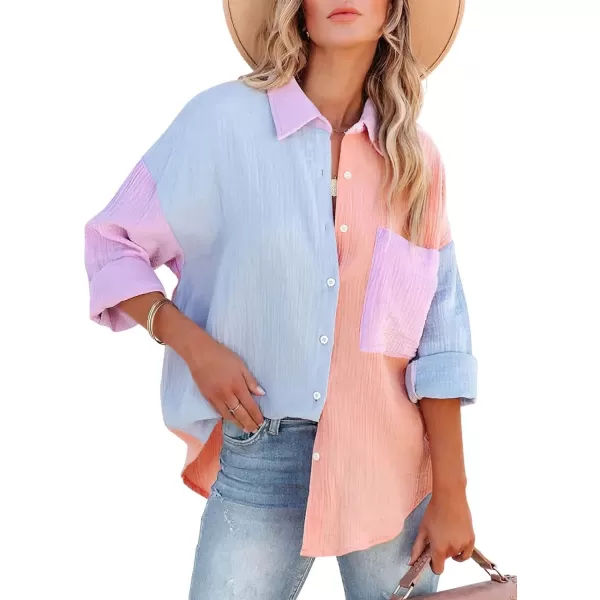 CHARTOU Women's Oversized Color Block Button Down Shirt Drop Long Sleeve Shirt Blouse