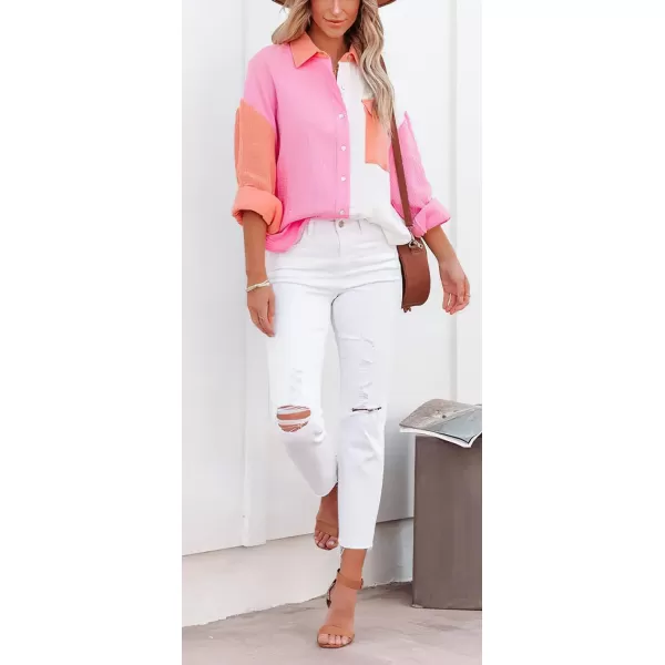CHARTOU Women's Oversized Color Block Button Down Shirt Drop Long Sleeve Shirt Blouse