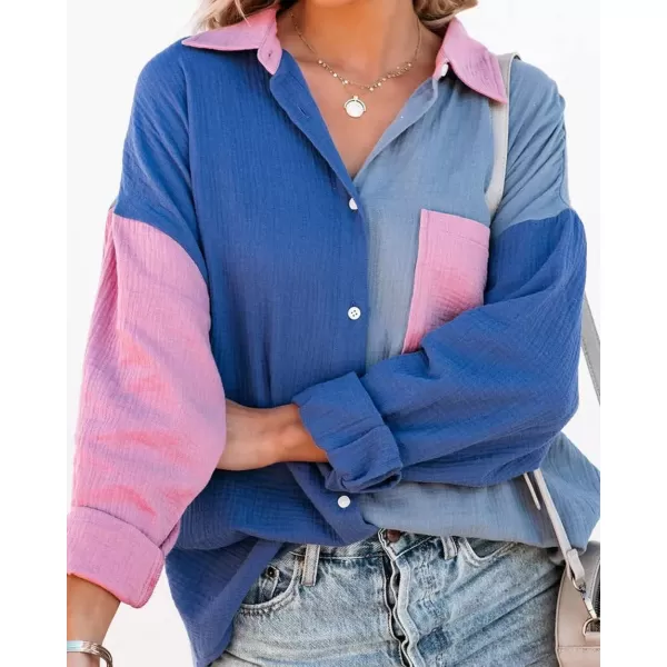 CHARTOU Women's Oversized Color Block Button Down Shirt Drop Long Sleeve Shirt Blouse
