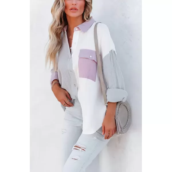 CHARTOU Women's Oversized Color Block Button Down Shirt Drop Long Sleeve Shirt Blouse