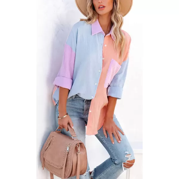 CHARTOU Women's Oversized Color Block Button Down Shirt Drop Long Sleeve Shirt Blouse