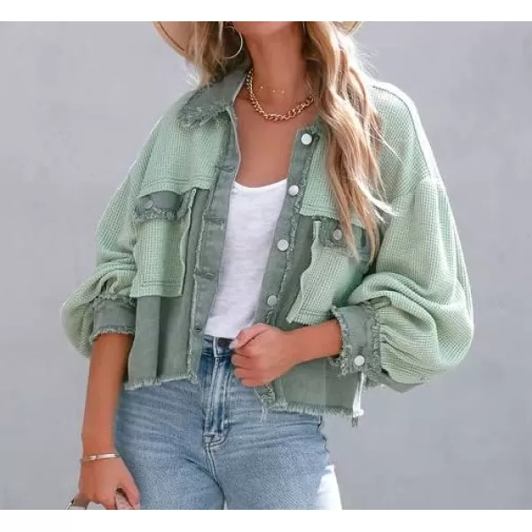 CHARTOU Women's Oversized Waffle Knit Shacket Cropped Color Block Jean Patchwork Blouse Shirt
