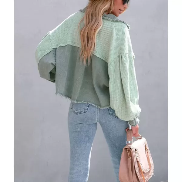 CHARTOU Women's Oversized Waffle Knit Shacket Cropped Color Block Jean Patchwork Blouse Shirt