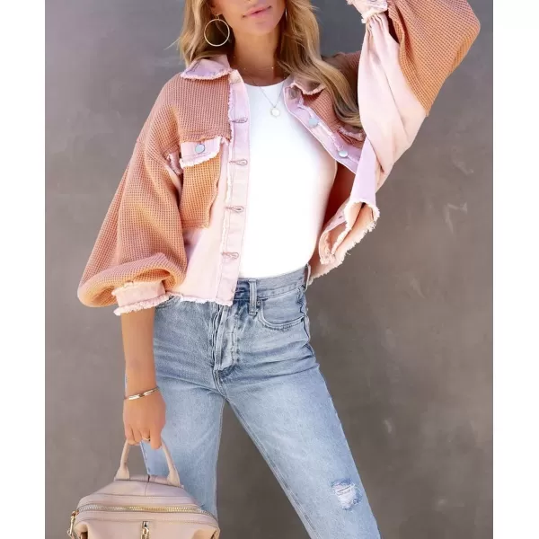CHARTOU Women's Oversized Waffle Knit Shacket Cropped Color Block Jean Patchwork Blouse Shirt