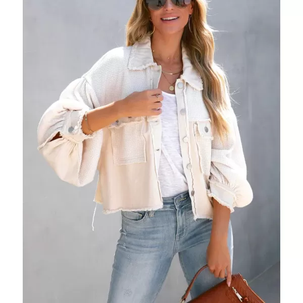 CHARTOU Women's Oversized Waffle Knit Shacket Cropped Color Block Jean Patchwork Blouse Shirt