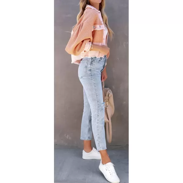 CHARTOU Women's Oversized Waffle Knit Shacket Cropped Color Block Jean Patchwork Blouse Shirt