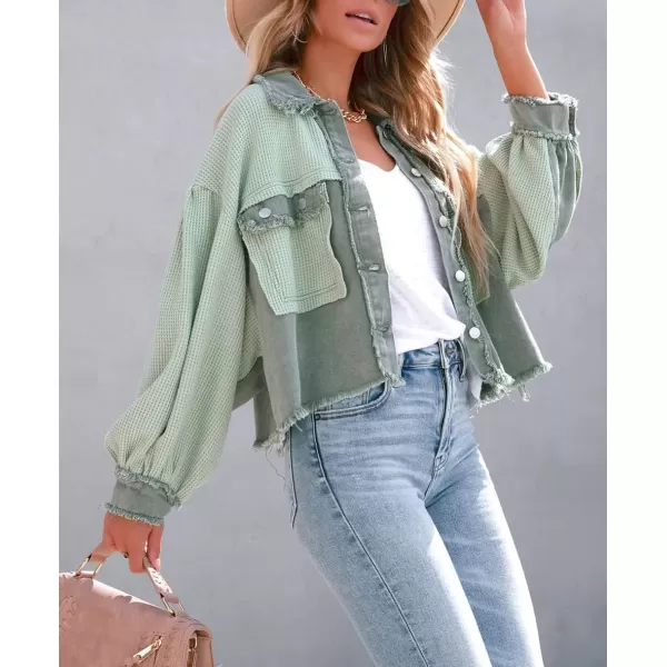 CHARTOU Women's Oversized Waffle Knit Shacket Cropped Color Block Jean Patchwork Blouse Shirt