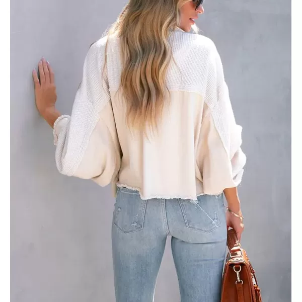 CHARTOU Women's Oversized Waffle Knit Shacket Cropped Color Block Jean Patchwork Blouse Shirt