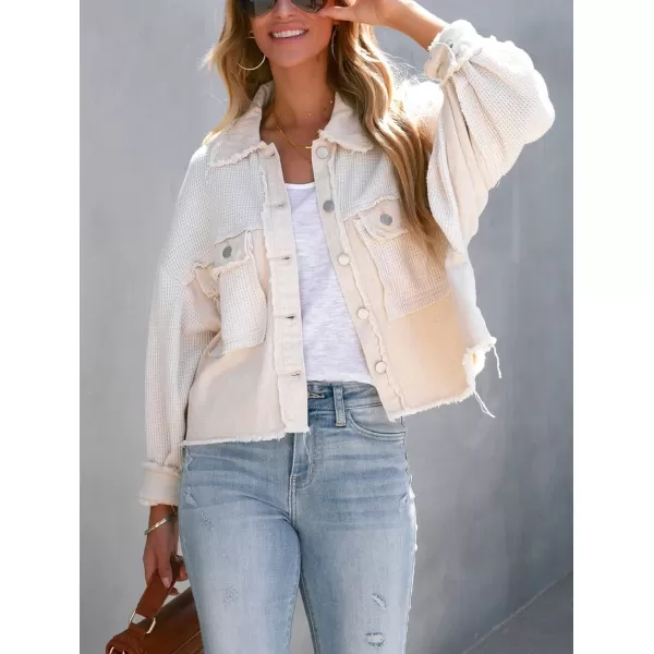 CHARTOU Women's Oversized Waffle Knit Shacket Cropped Color Block Jean Patchwork Blouse Shirt