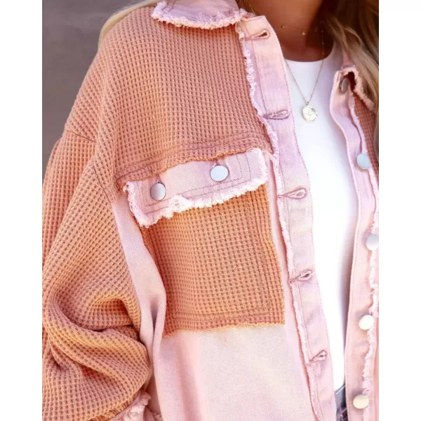 CHARTOU Women's Oversized Waffle Knit Shacket Cropped Color Block Jean Patchwork Blouse Shirt