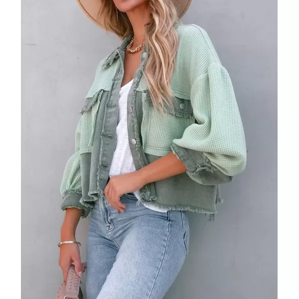 CHARTOU Women's Oversized Waffle Knit Shacket Cropped Color Block Jean Patchwork Blouse Shirt