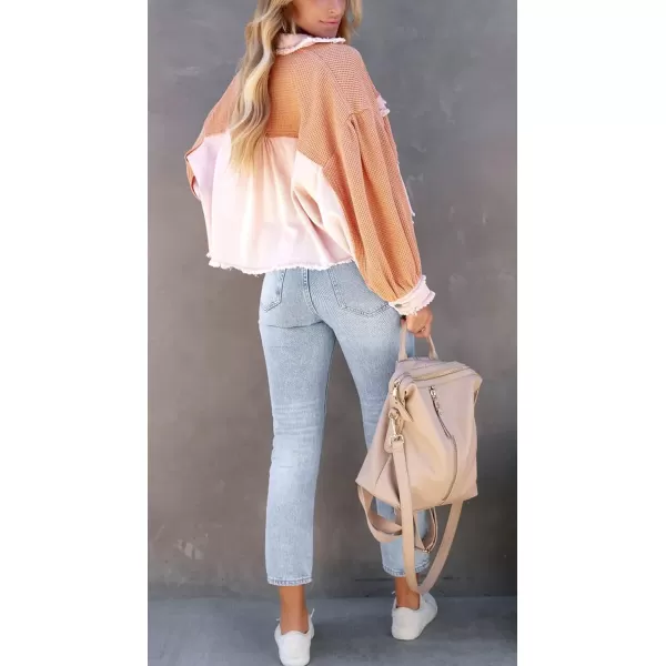 CHARTOU Women's Oversized Waffle Knit Shacket Cropped Color Block Jean Patchwork Blouse Shirt