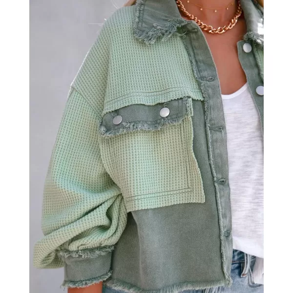 CHARTOU Women's Oversized Waffle Knit Shacket Cropped Color Block Jean Patchwork Blouse Shirt