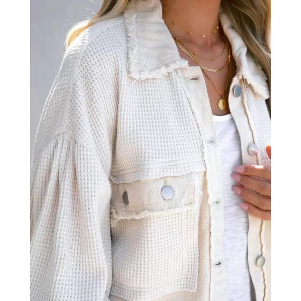 CHARTOU Women's Oversized Waffle Knit Shacket Cropped Color Block Jean Patchwork Blouse Shirt