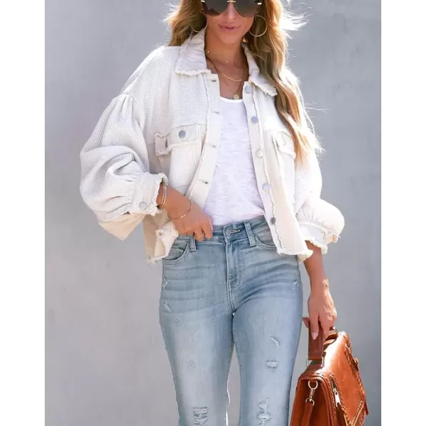 CHARTOU Women's Oversized Waffle Knit Shacket Cropped Color Block Jean Patchwork Blouse Shirt