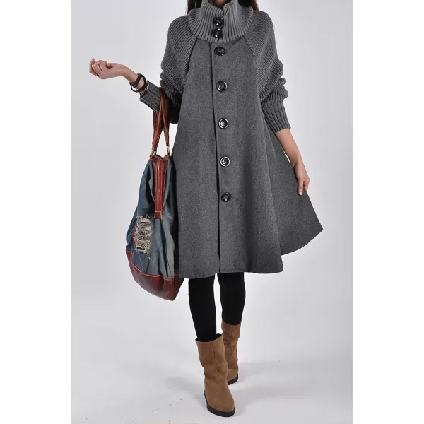 CHARTOU Women's Raglan Knit-Sleeve Wool Blend Button Front Trench Coat Peacoat Overcoat