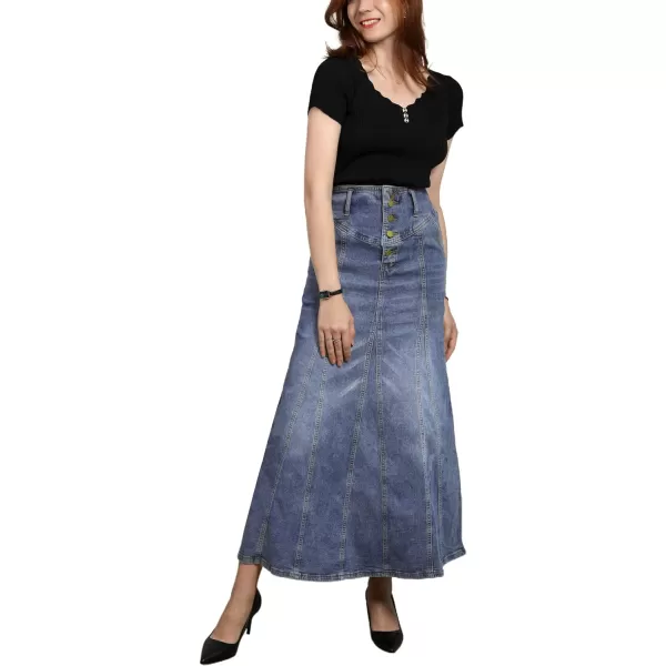 CHARTOU Women's Retro Exposure Button-Fly Packaged Hip A-Line Maxi Long Denim Skirt