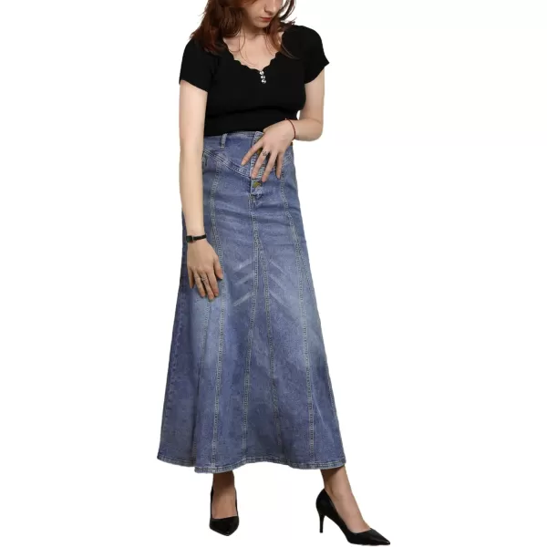 CHARTOU Women's Retro Exposure Button-Fly Packaged Hip A-Line Maxi Long Denim Skirt