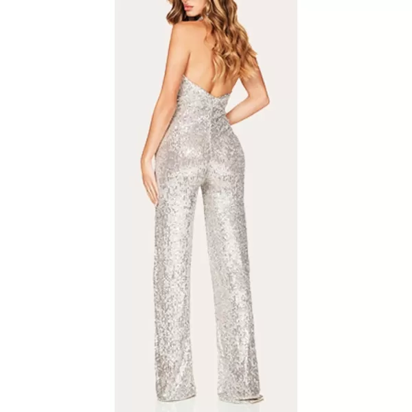 CHARTOU Women's Sexy Sparkle Sequin Tank Jumpsuit Halter Neck Plunge Backless Long Romper