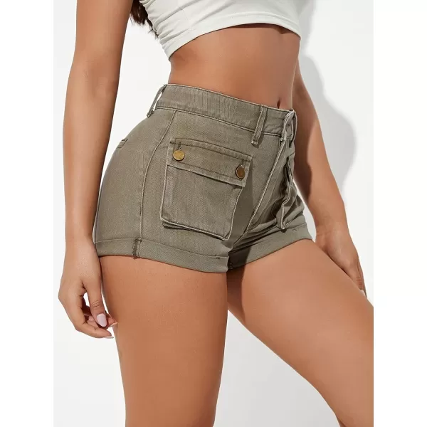 CHARTOU Women's Streetwear High Waist Roll-Up Cuffed Slim Fit Y2k Denim Cargo Shorts with Pockets