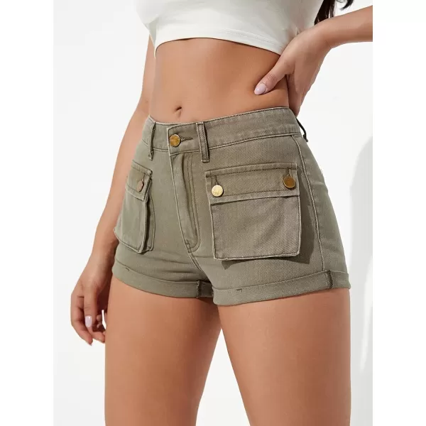 CHARTOU Women's Streetwear High Waist Roll-Up Cuffed Slim Fit Y2k Denim Cargo Shorts with Pockets