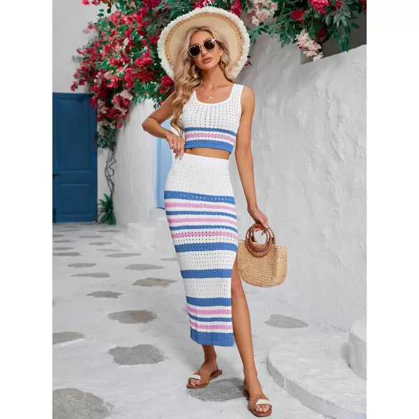 CHARTOU Women's Summer 2 Piece Outfits knitted Hollow Out Color Block Tank Top and Bodycon Slit Skirt Set