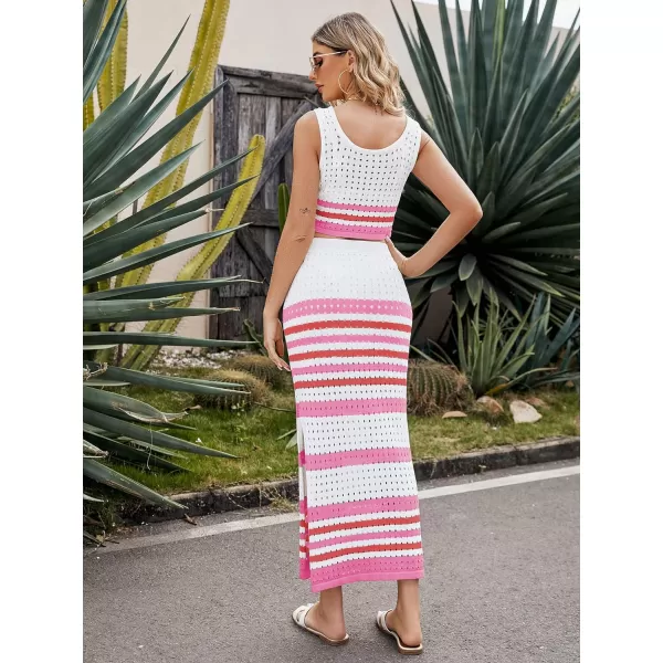 CHARTOU Women's Summer 2 Piece Outfits knitted Hollow Out Color Block Tank Top and Bodycon Slit Skirt Set