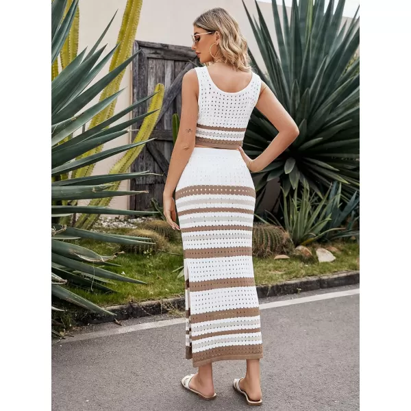 CHARTOU Women's Summer 2 Piece Outfits knitted Hollow Out Color Block Tank Top and Bodycon Slit Skirt Set