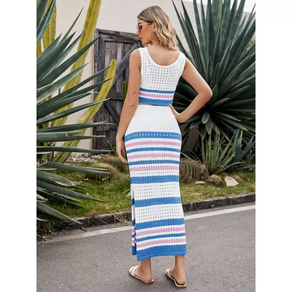 CHARTOU Women's Summer 2 Piece Outfits knitted Hollow Out Color Block Tank Top and Bodycon Slit Skirt Set
