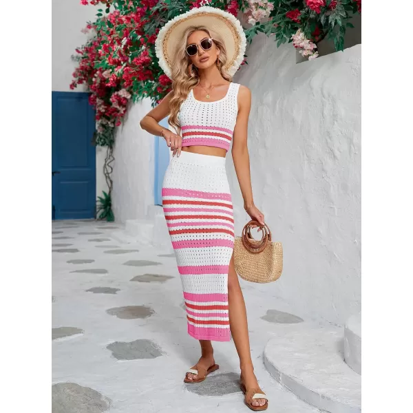 CHARTOU Women's Summer 2 Piece Outfits knitted Hollow Out Color Block Tank Top and Bodycon Slit Skirt Set