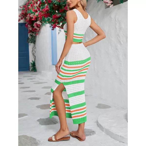 CHARTOU Women's Summer 2 Piece Outfits knitted Hollow Out Color Block Tank Top and Bodycon Slit Skirt Set
