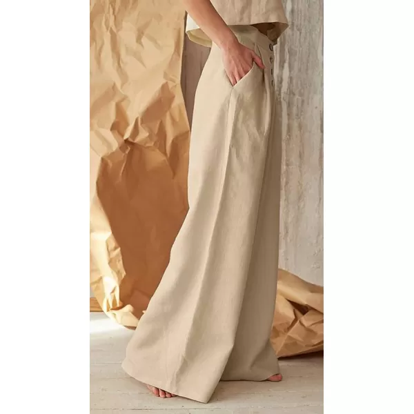 CHARTOU Women's Summer Button High Waist Wide Leg Cotton Linen Palazzo Pants with Pockets