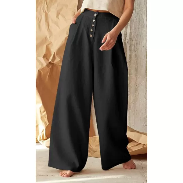 CHARTOU Women's Summer Button High Waist Wide Leg Cotton Linen Palazzo Pants with Pockets