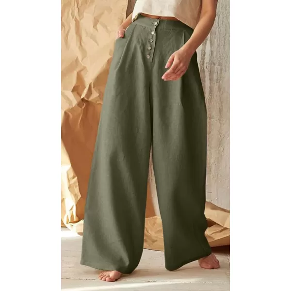 CHARTOU Women's Summer Button High Waist Wide Leg Cotton Linen Palazzo Pants with Pockets