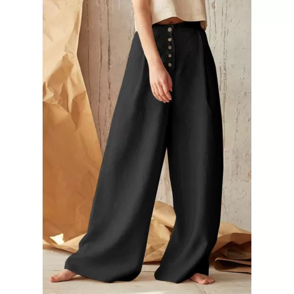 CHARTOU Women's Summer Button High Waist Wide Leg Cotton Linen Palazzo Pants with Pockets