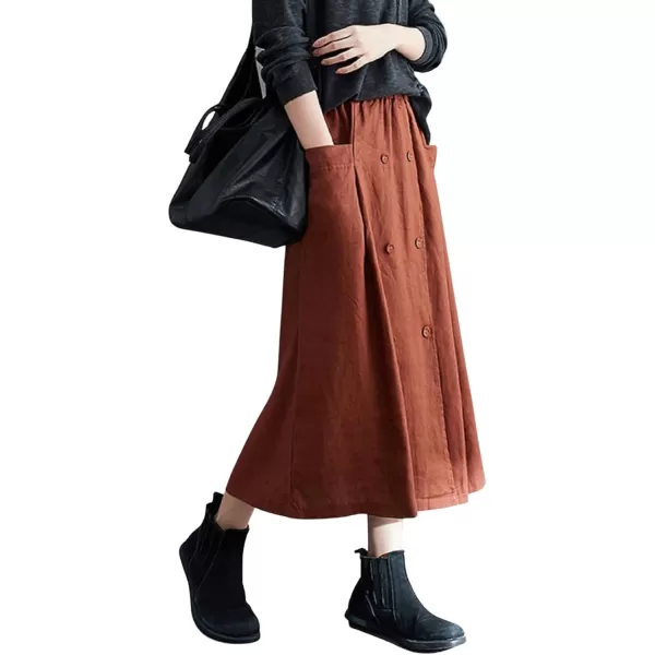 CHARTOU Women's Summer Elastic High Waist Linen Blend Solid A-Line Midi Long Skirt with Pockets