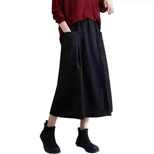 CHARTOU Women's Summer Elastic High Waist Linen Blend Solid A-Line Midi Long Skirt with Pockets