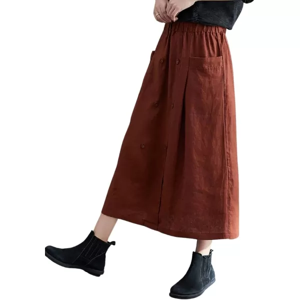 CHARTOU Women's Summer Elastic High Waist Linen Blend Solid A-Line Midi Long Skirt with Pockets