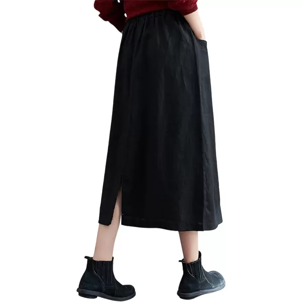 CHARTOU Women's Summer Elastic High Waist Linen Blend Solid A-Line Midi Long Skirt with Pockets