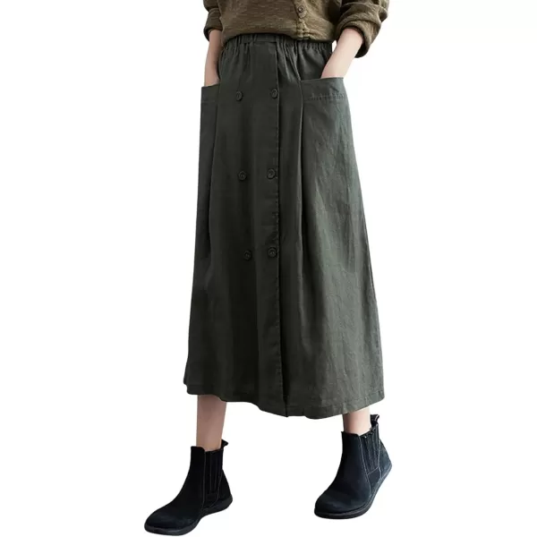 CHARTOU Women's Summer Elastic High Waist Linen Blend Solid A-Line Midi Long Skirt with Pockets