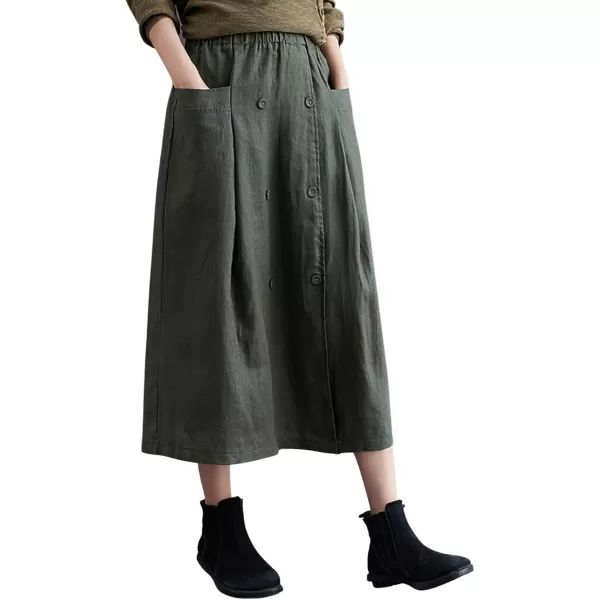 CHARTOU Women's Summer Elastic High Waist Linen Blend Solid A-Line Midi Long Skirt with Pockets