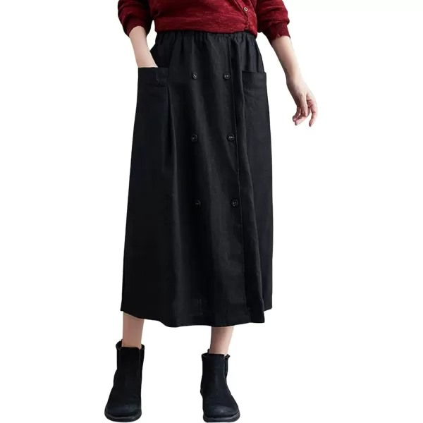 CHARTOU Women's Summer Elastic High Waist Linen Blend Solid A-Line Midi Long Skirt with Pockets