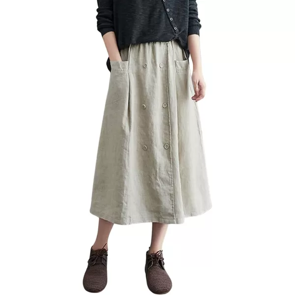 CHARTOU Women's Summer Elastic High Waist Linen Blend Solid A-Line Midi Long Skirt with Pockets