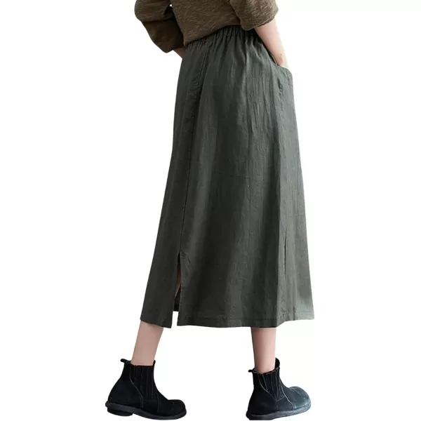 CHARTOU Women's Summer Elastic High Waist Linen Blend Solid A-Line Midi Long Skirt with Pockets