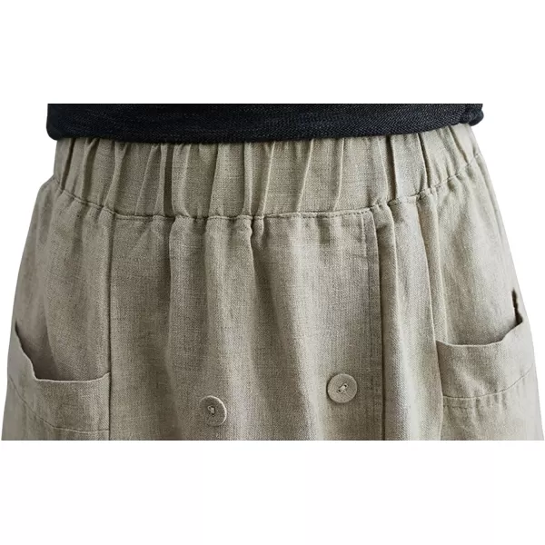 CHARTOU Women's Summer Elastic High Waist Linen Blend Solid A-Line Midi Long Skirt with Pockets