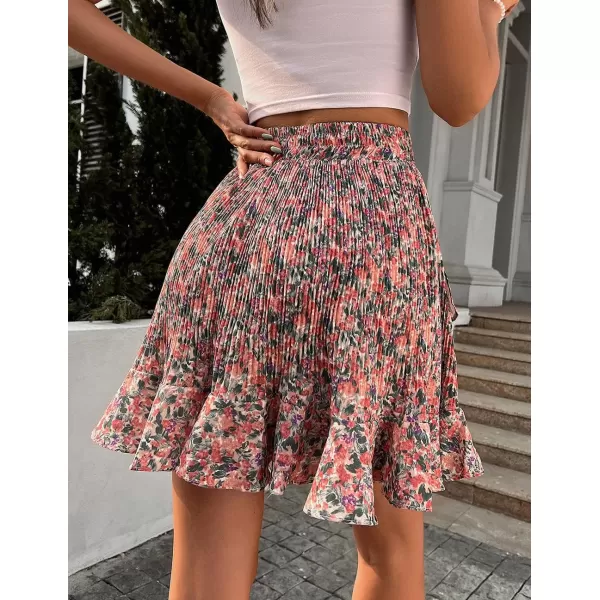 CHARTOU Women's Summer Elastic High Waist Shirring Floral Print Irregular Ruffle Mini Skirt