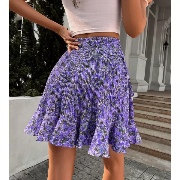 CHARTOU Women's Summer Elastic High Waist Shirring Floral Print Irregular Ruffle Mini Skirt