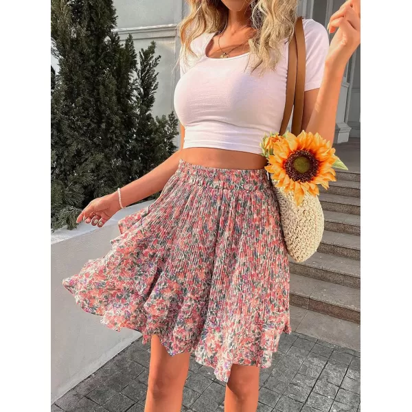 CHARTOU Women's Summer Elastic High Waist Shirring Floral Print Irregular Ruffle Mini Skirt